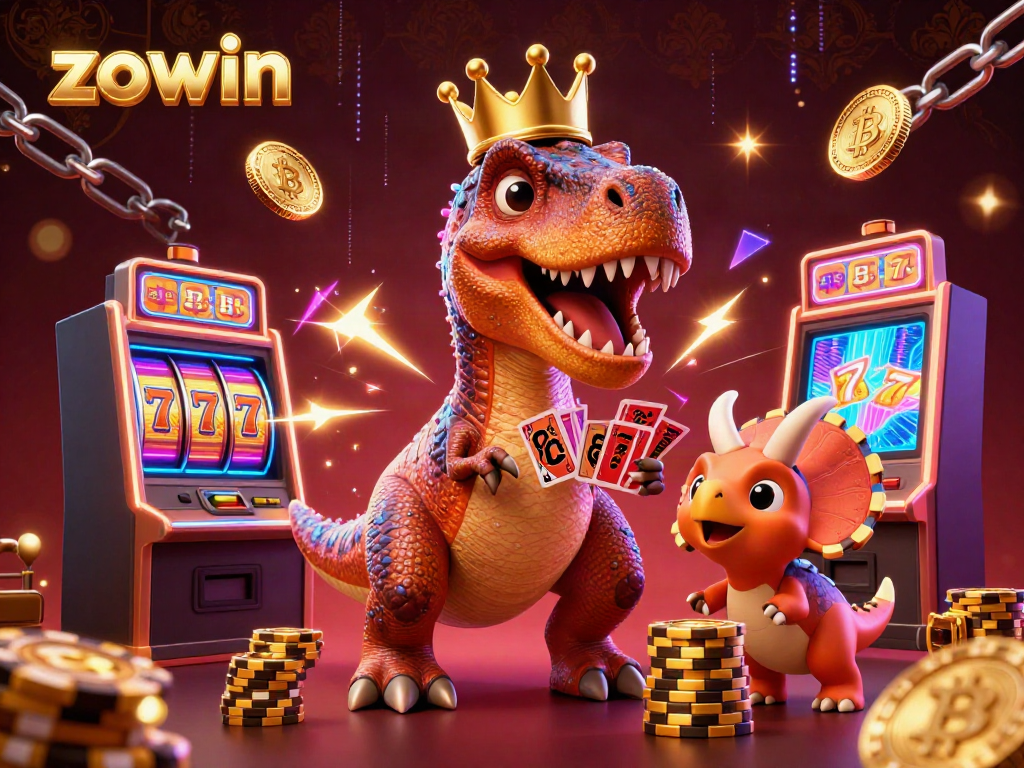Experience thrilling gameplay at zowin, where a cartoon T-Rex shuffles cards and vibing with vivid casino elements.
