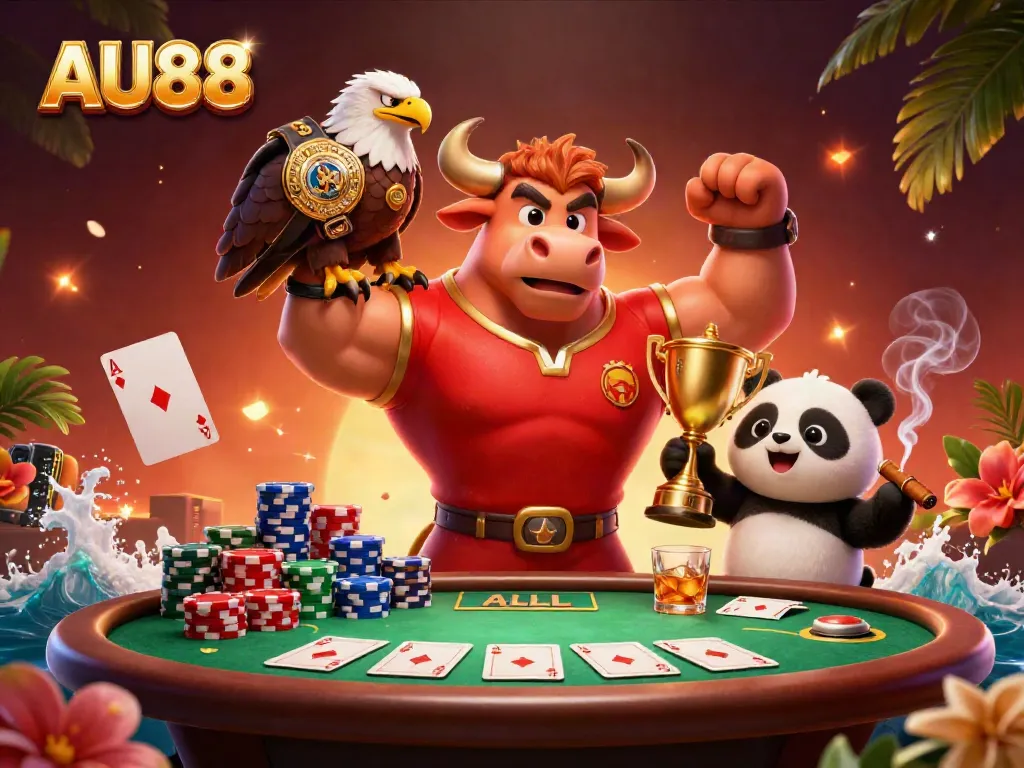 Experience AU88's vibrant gaming scene with a dynamic 3D illustration showcasing excitement and action.