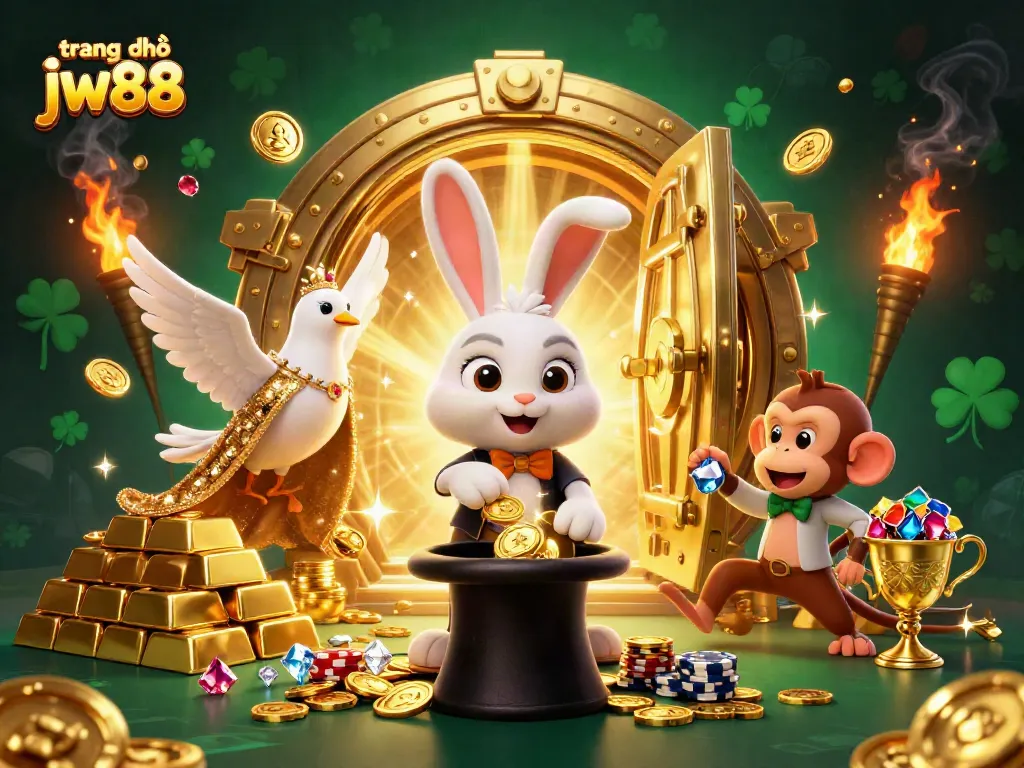 Experience thrilling games at trang chủ jw88 with magician rabbit pulling coins and vibrant treasures.