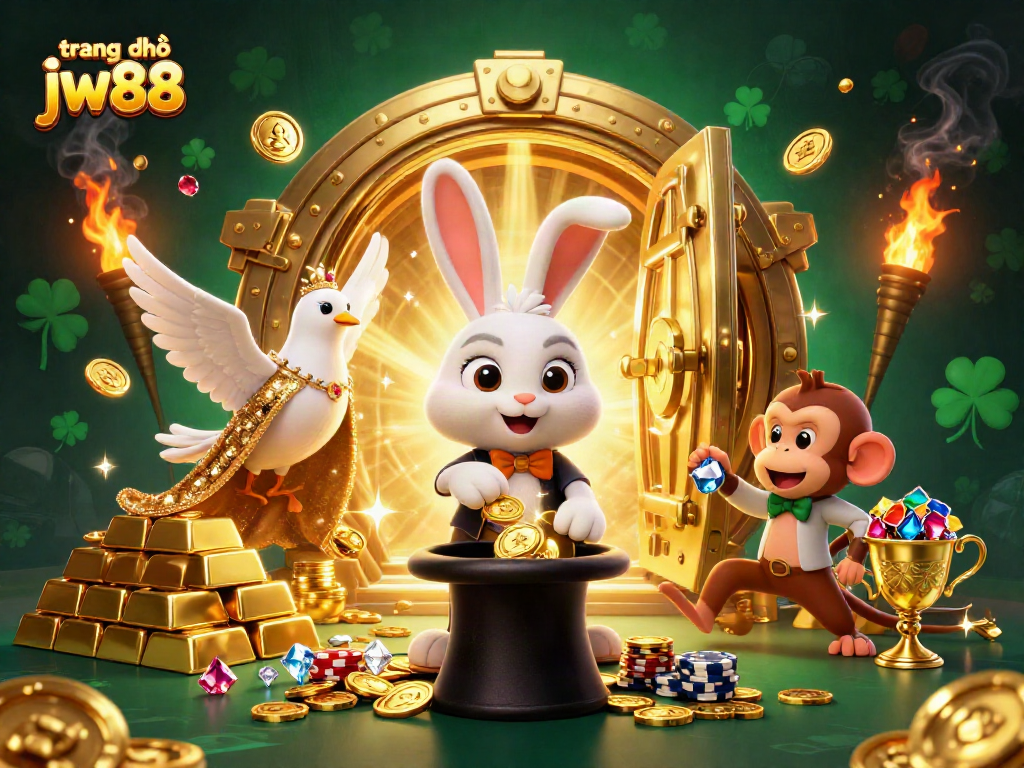 Experience thrilling games at trang chủ jw88 with magician rabbit pulling coins and vibrant treasures.