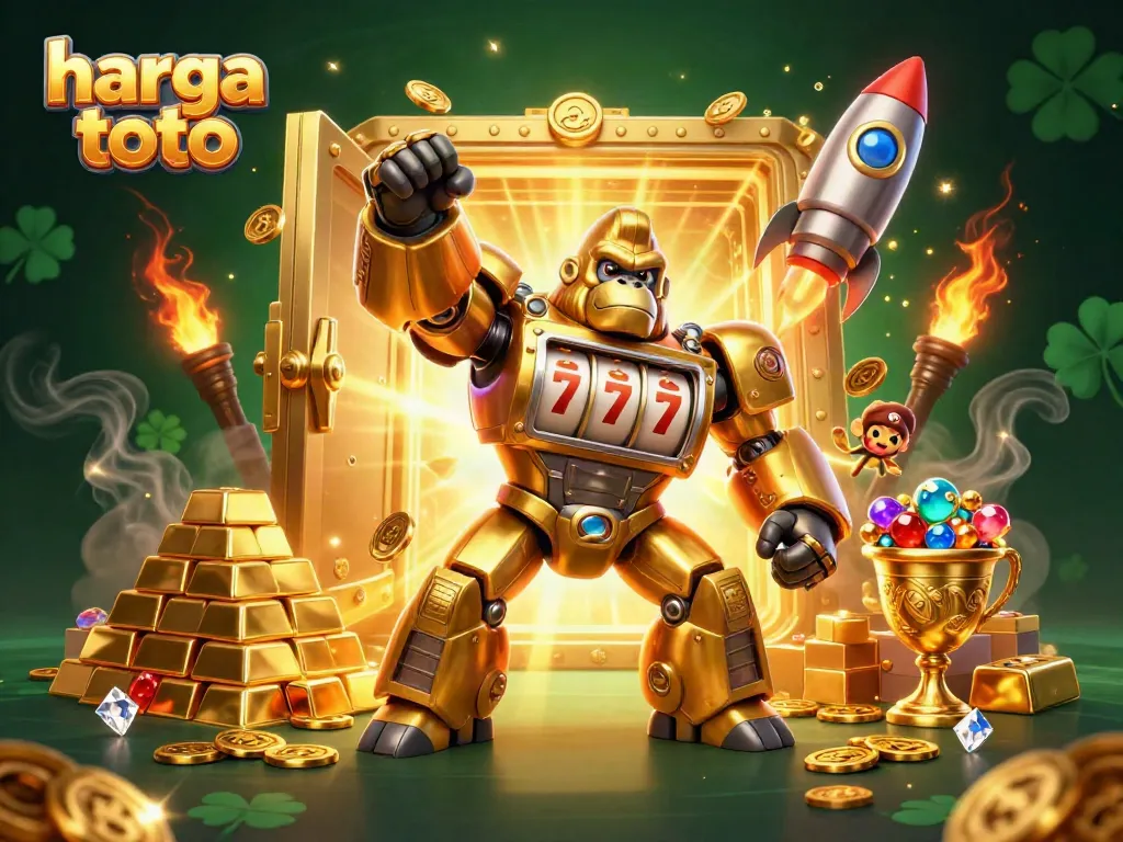 Experience thrilling gameplay at harga toto featuring a dynamic golden gorilla mech surrounded by sparkling treasures.