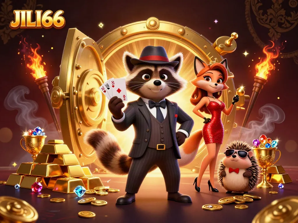 Experience the thrill at JILI66 Casino with a raccoon holding a royal flush and sparkling treasures.