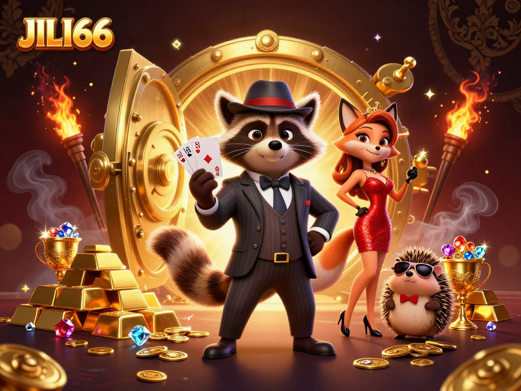 Experience the thrill at JILI66 Casino with a raccoon holding a royal flush and sparkling treasures.