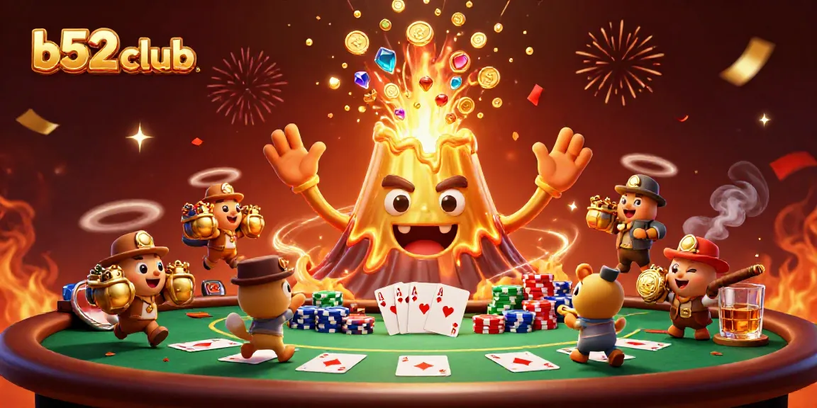 Experience the thrilling b52 club with epic wins depicted by a golden volcano and treasure hunters.