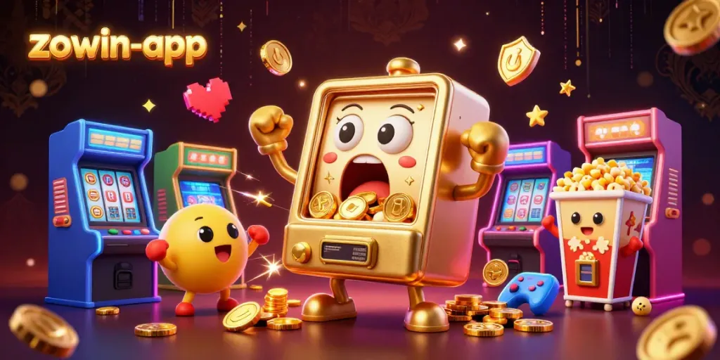 Experience the excitement at zowin-app as golden slot machines celebrate wins with coins pouring out.
