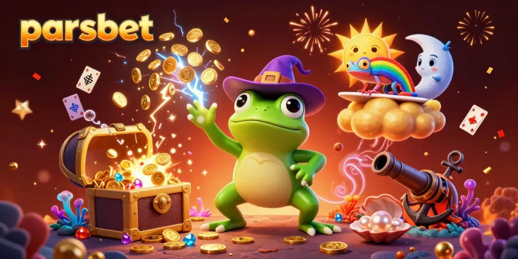 Join the fun at parsbet as the weather wizard frog conjures golden coin storms, creating an exciting casino atmosphere.
