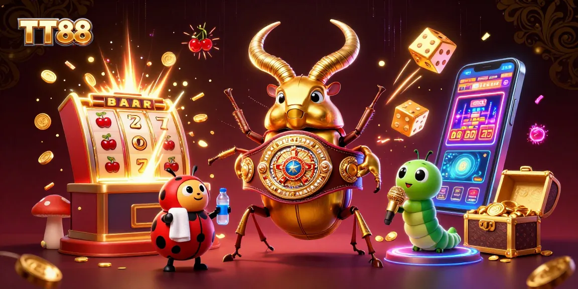 TT88 showcases a golden stag beetle boxing champion, with vibrant casino elements and dynamic gaming action.