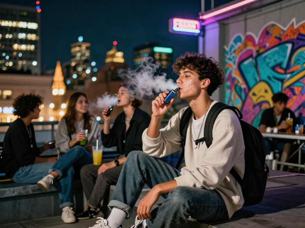 Young adult enjoying raz vape on urban rooftop with friends, city lights in background.