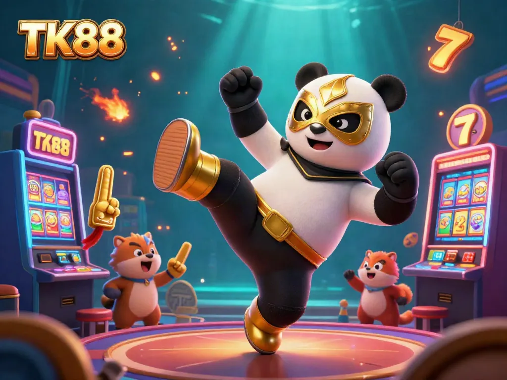 Join the action at TK88 as a panda wrestler takes flight in a vibrant casino!