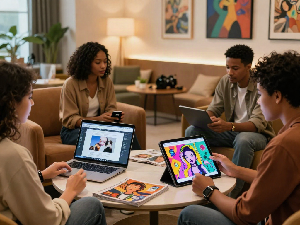 Engaging scene of people discussing AI 18+ content creation tools in a stylish lounge environment, showcasing creativity and technology.