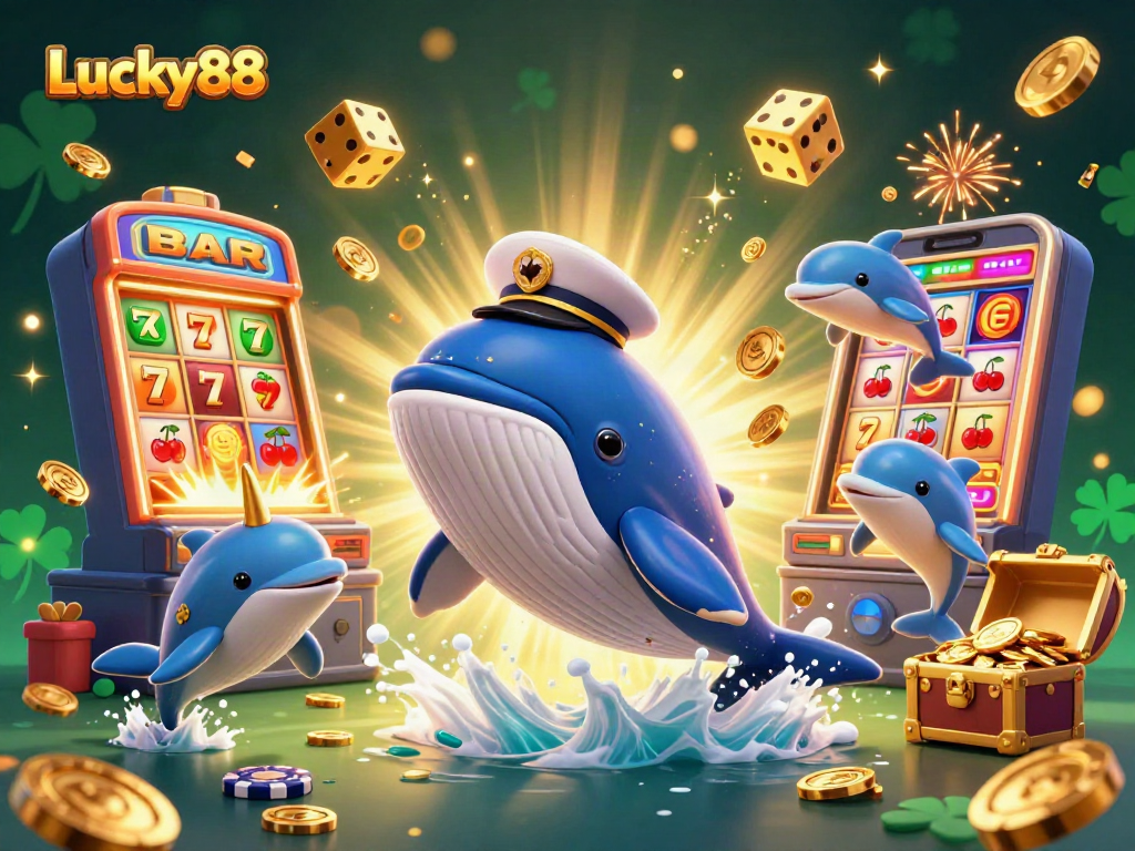 Lucky88 slot game explosion featuring a whimsical scene with whales, dolphins, and vibrant casino elements.