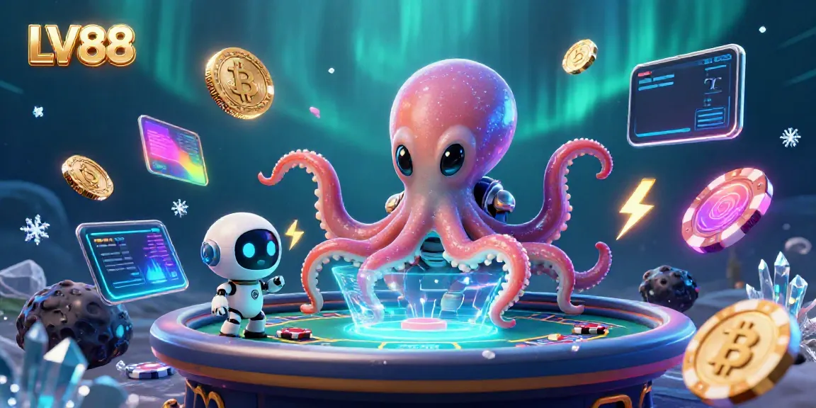 Experience the thrill of LV88 with an alien octopus playing poker amidst floating coins and futuristic elements.