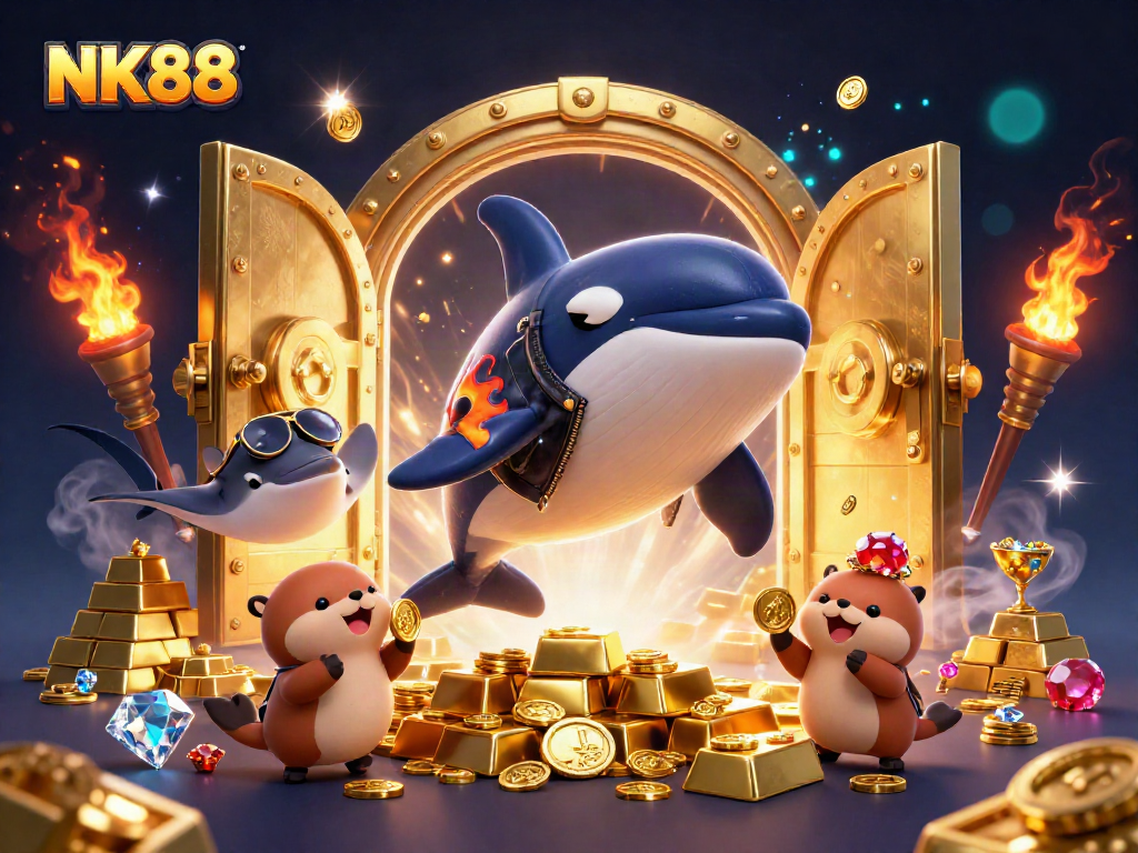 Experience thrilling wins with NK88 in this vibrant casino-themed illustration showcasing enchanting characters and riches.