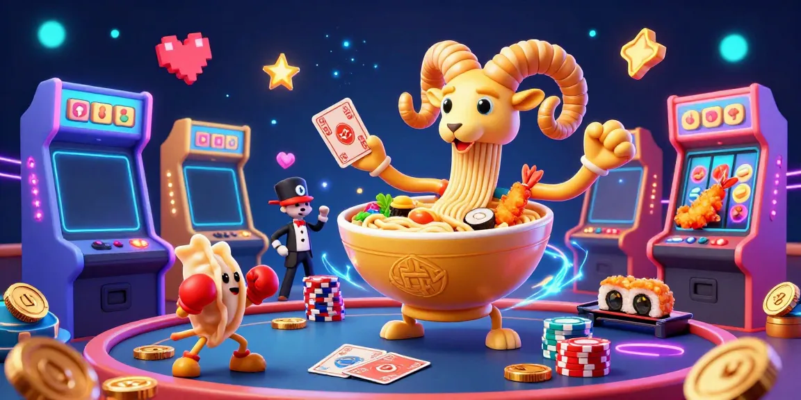 Engage with the vibrant 8xbet scene featuring a golden ramen bowl character stacking chips and cards in a dynamic online casino.