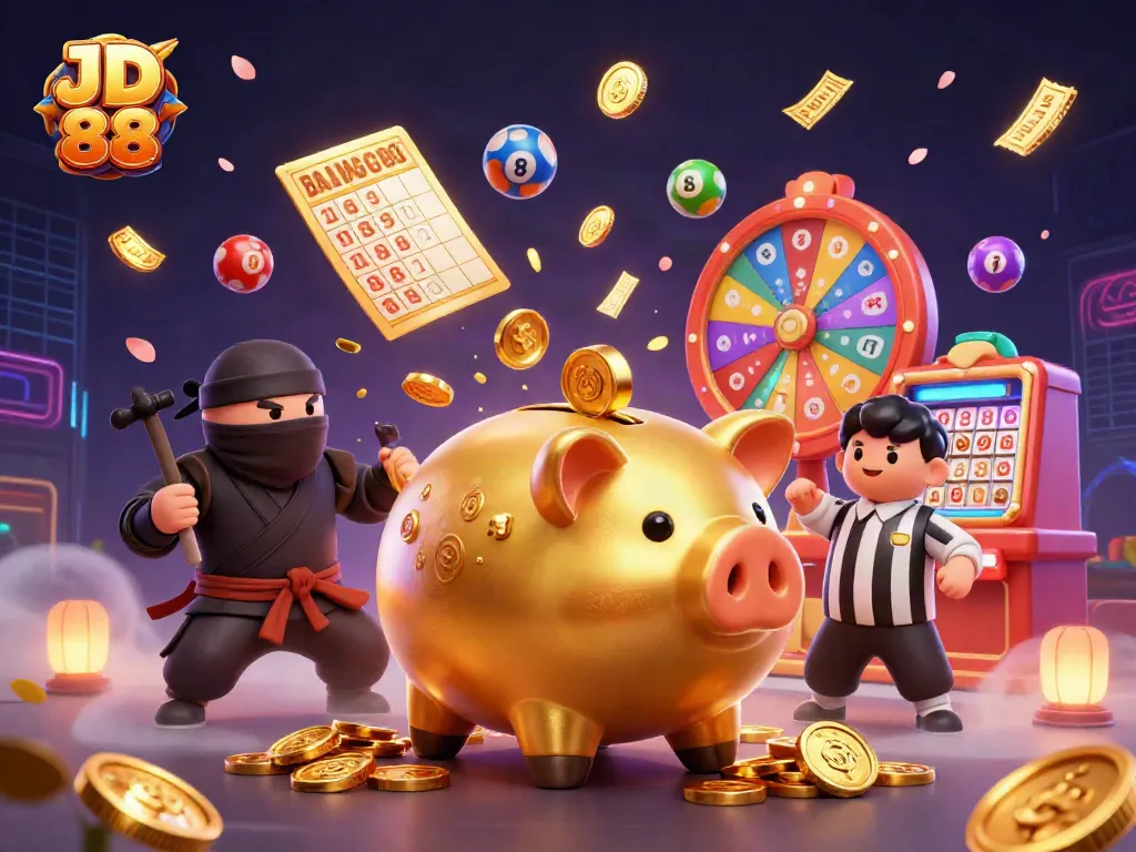 Engage with JD 88's interactive casino games featuring golden piggy bank characters and colorful elements.