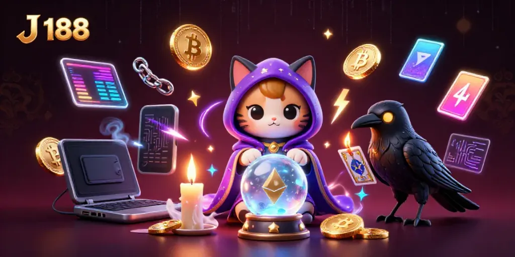 Experience thrilling gameplay with J 188 in this vibrant, dynamic casino scene featuring a mystic cat and a raven.