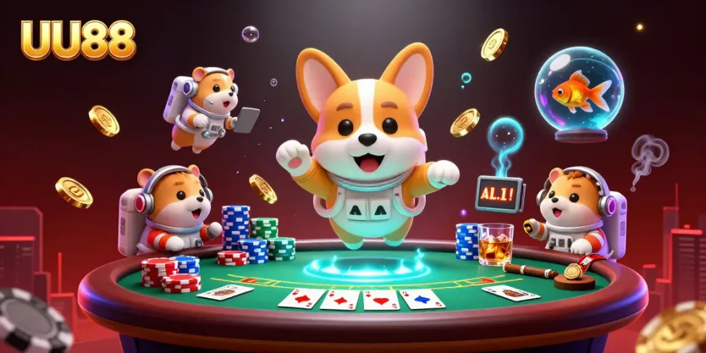 UU88 showcases an astronaut corgi enjoying a vibrant casino space station, filled with drifting poker elements.