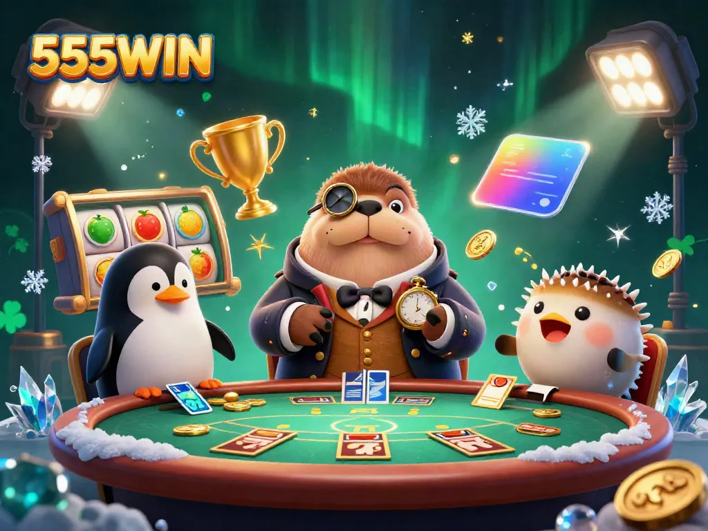 Join the thrilling 555WIN adventure with a jolly walrus poker player at an underwater casino.