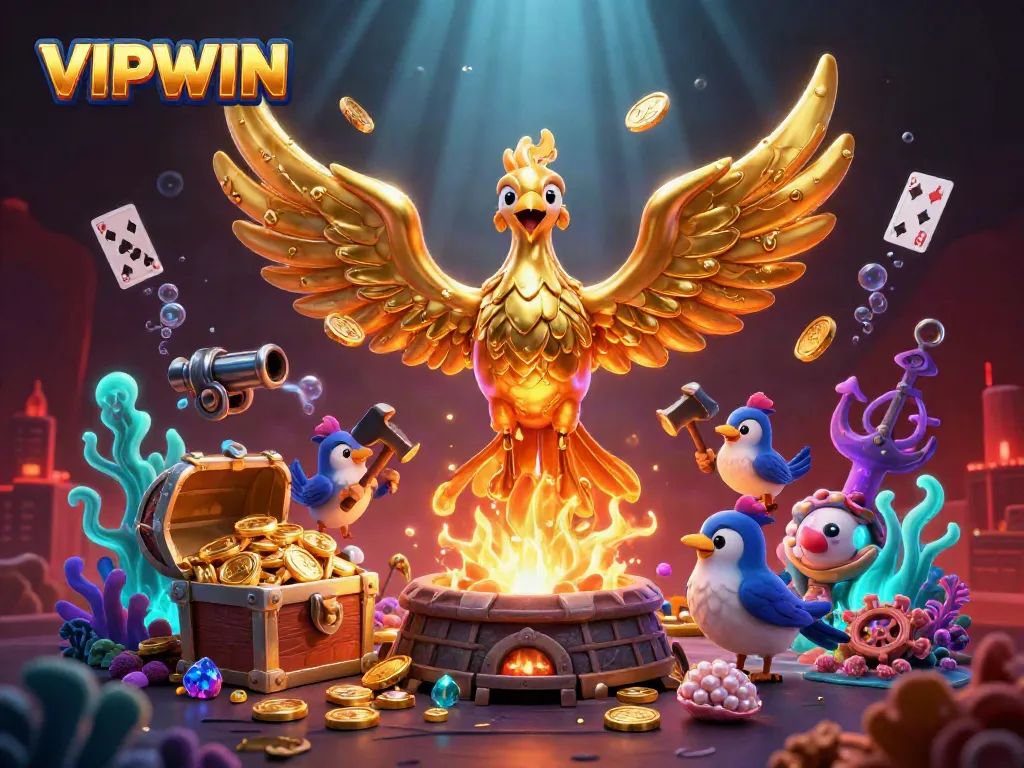 VIPWIN showcases an ultra-detailed scene with a phoenix and gold coins, representing online gaming excitement.