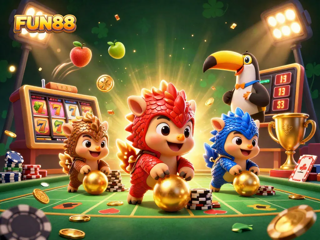 The FUN88 casino experience features rival pangolins navigating slot machines and golden coins in an energetic 3D illustration.
