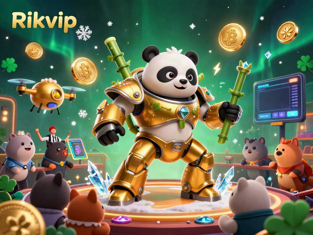 Experience the excitement of Rikvip's vibrant gaming arena with a 3D mech-suit panda and crypto-themed elements.
