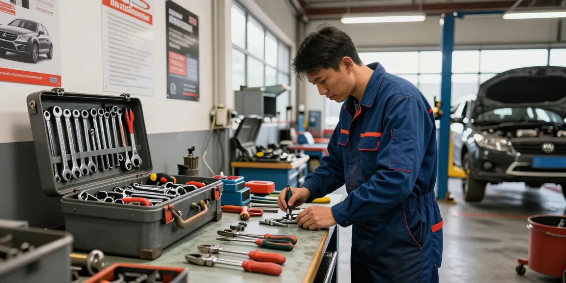 Mechanic using ks tools in a busy automotive workshop with organized tool sets.