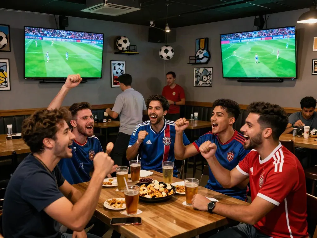 Friends celebrating together at a soccer match viewing party, showcasing excitement for cakhiatv's live broadcasts.