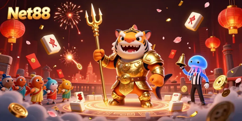 Experience the thrilling underwater casino action with Net88 featuring the tiger shark in armor, sports elements, and dynamic decorations.