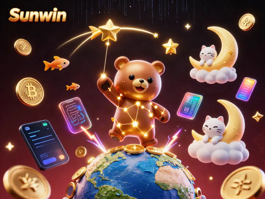 Experience the excitement of Sunwin with a vibrant gaming scene featuring a constellation bear and crypto elements.