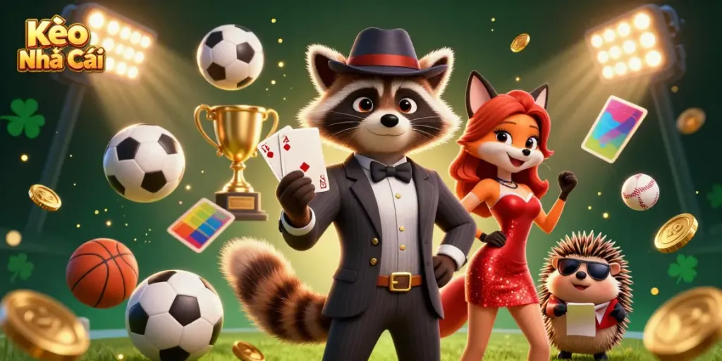 Kèo Nhà Cái showcases a raccoon holding a royal flush with dynamic sports elements surrounding, reflecting excitement.