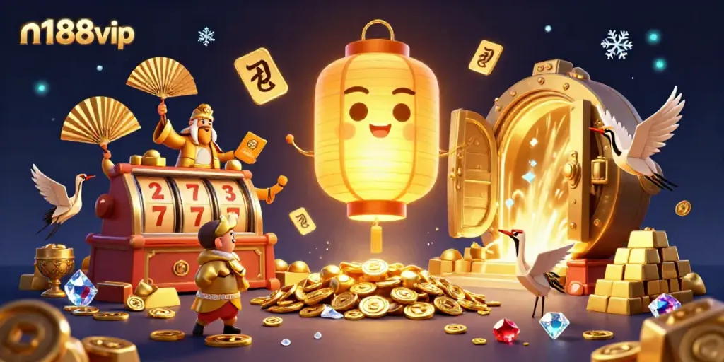 Experience the excitement of n188vip with stunning slots and treasures in a vibrant casino scene.