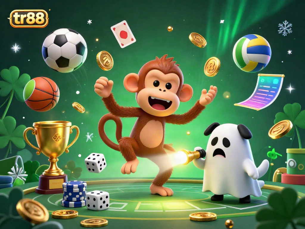 Experience the thrill of gaming at tr88 with a mischievous monkey and excited puppy in a vibrant casino.