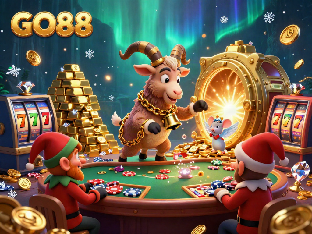 Experience the thrilling GO88 casino, where a festive Krampus goat oversees a chaotic scene with greedy elves and shimmering treasures.