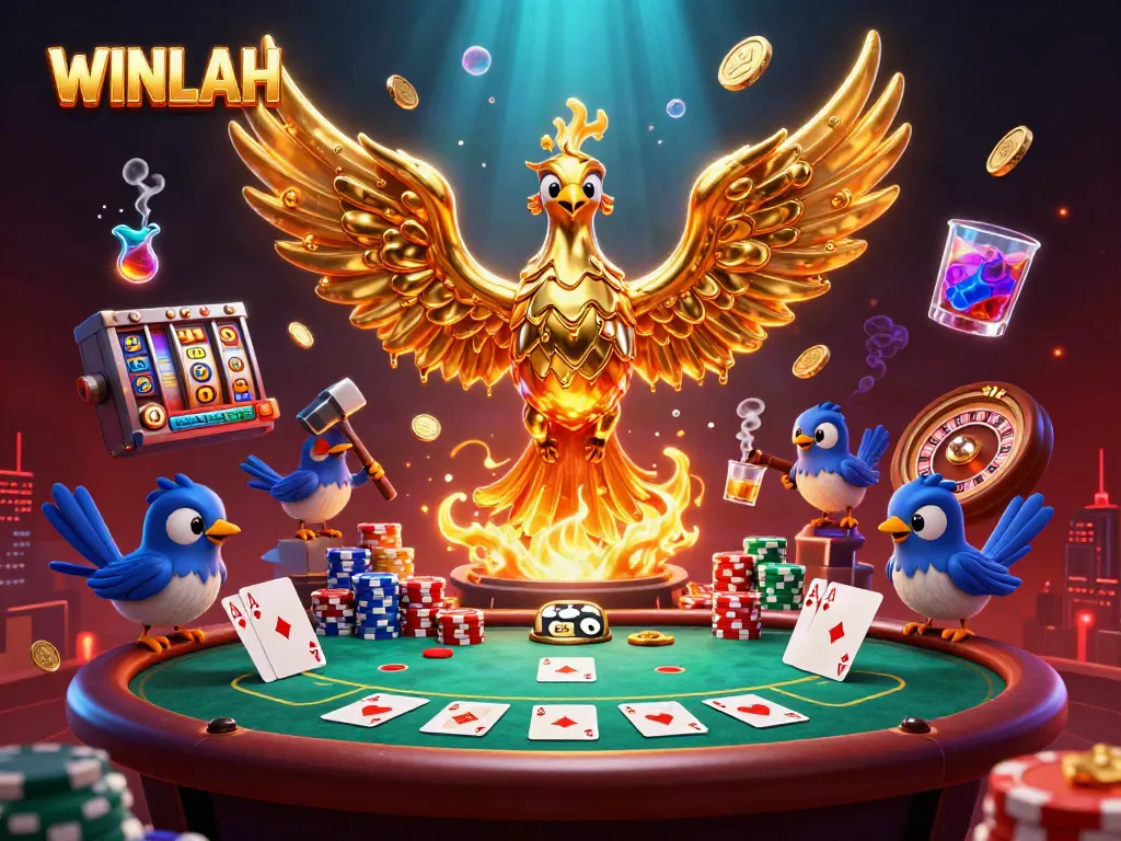 Experience the thrill of WINLAH with a dazzling golden phoenix and a rich poker scene.