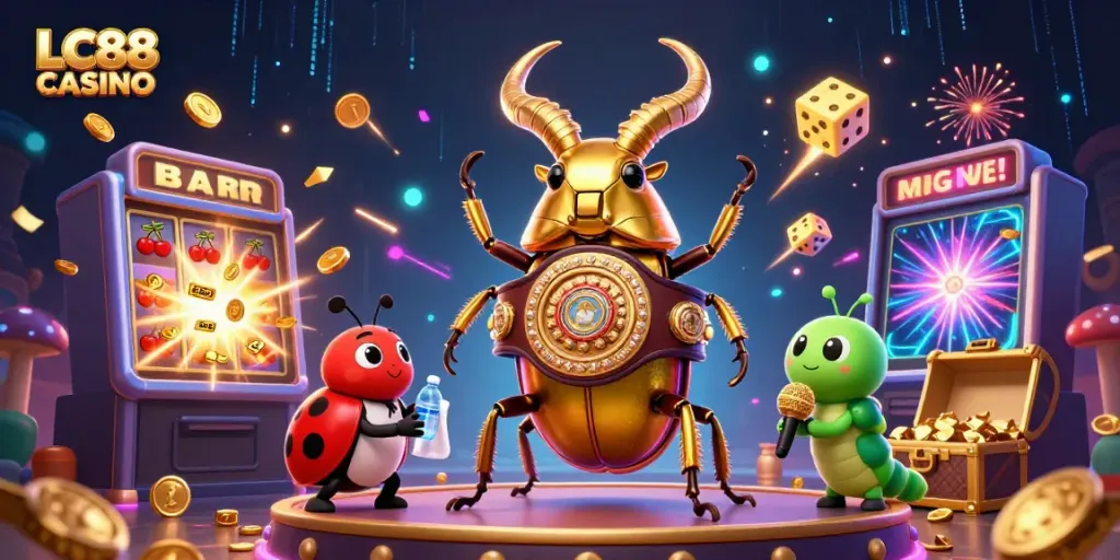 Experience the excitement of LC88 CASINO with a dynamic illustration featuring a golden stag beetle champion!