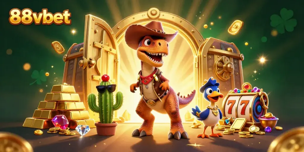 Experience the excitement of 88vbet with a vibrant 3D illustration featuring a cowboy T-Rex and casino elements.