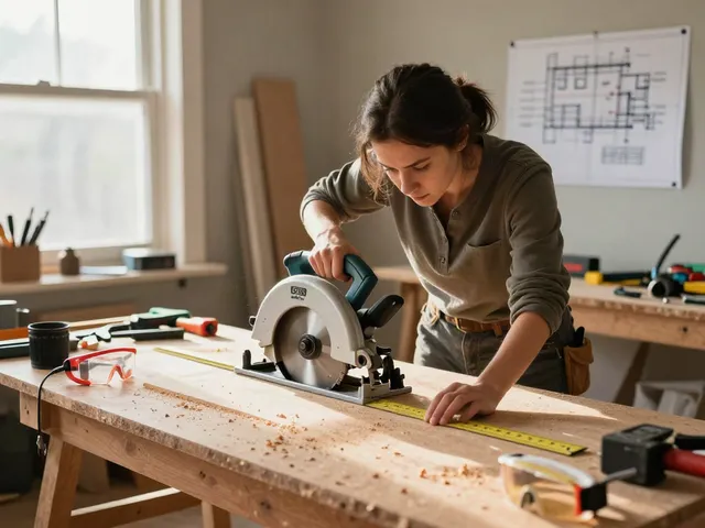 Circular saw guide rail in use by carpenter in home workshop, highlighting precision cuts.
