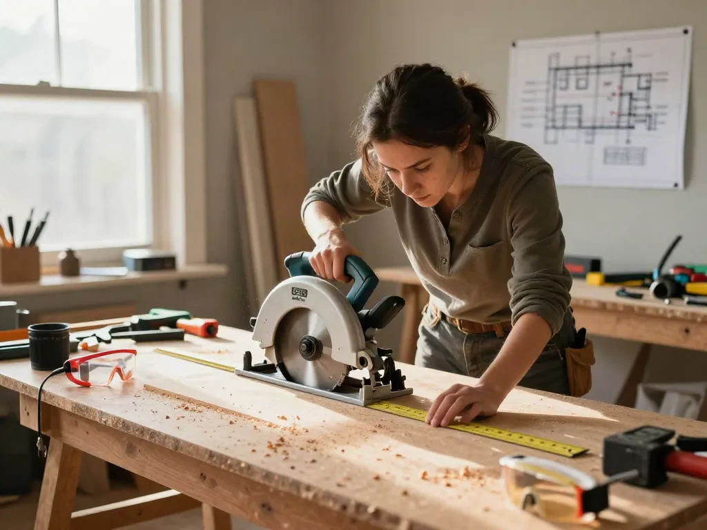 Circular saw guide rail in use by carpenter in home workshop, highlighting precision cuts.