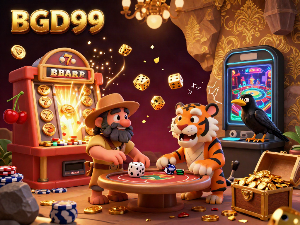 Experience the thrilling energy of BGD99 with vibrant casino elements and action-packed gaming scenes.