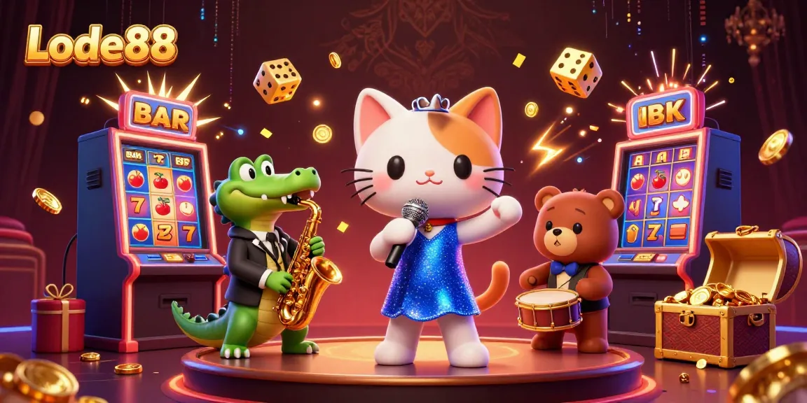 Lode88 showcases a vibrant casino scene with lively characters and exciting game elements.
