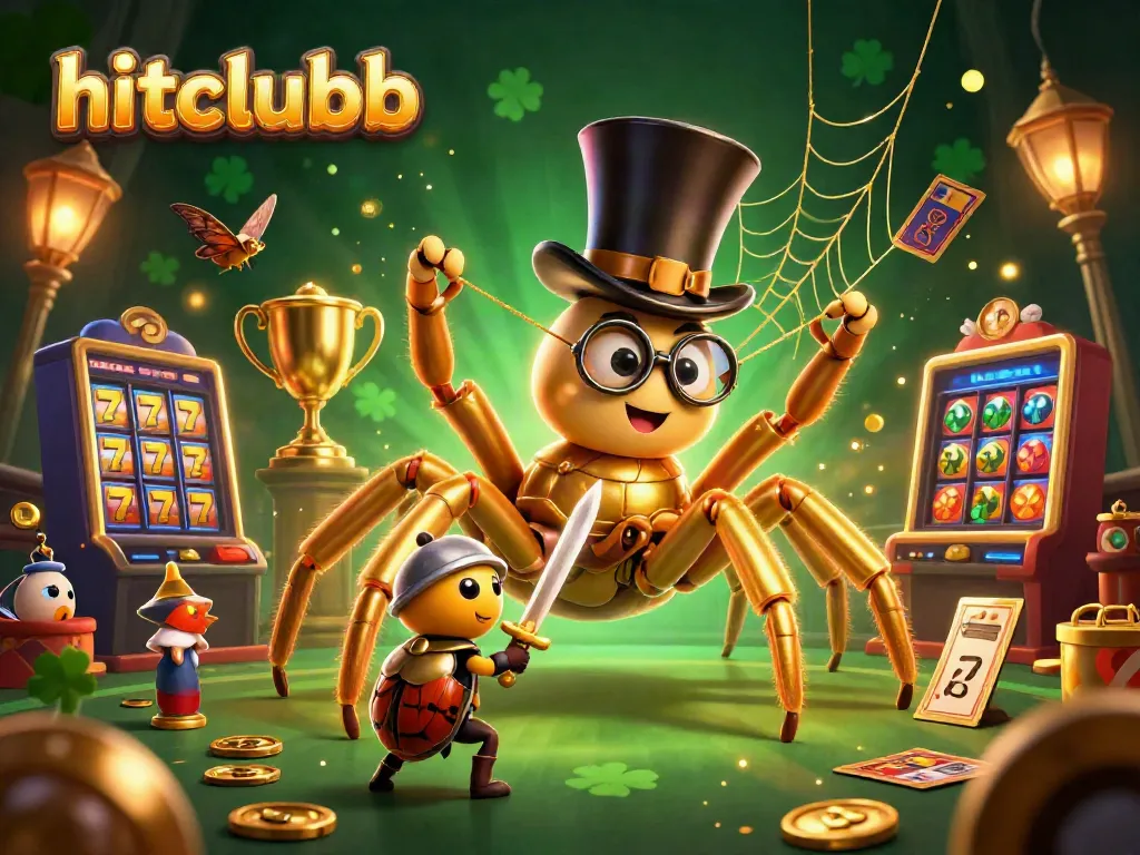 hitclubb showcases excitement with a golden tarantula weaving a jackpot web and a courageous beetle knight.