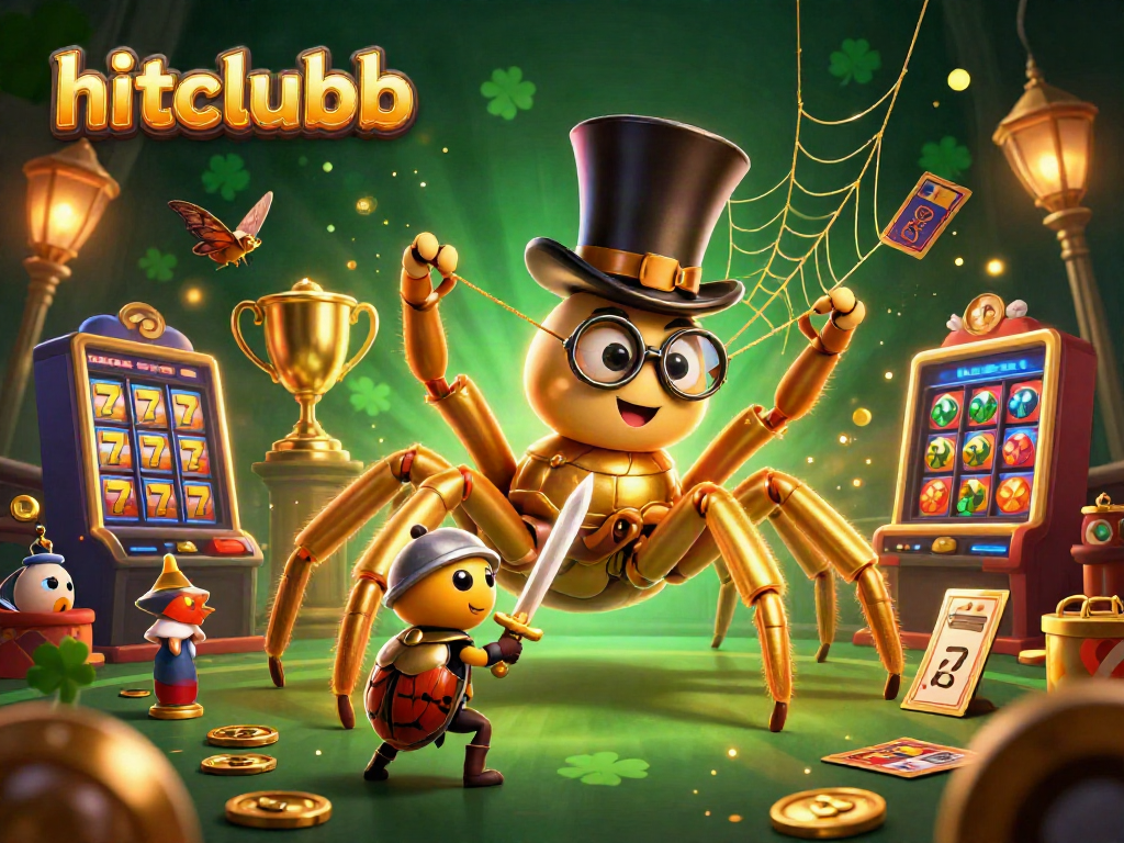 hitclubb showcases excitement with a golden tarantula weaving a jackpot web and a courageous beetle knight.