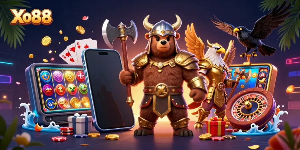 Experience thrilling gameplay with Xo88, showcasing vibrant slot games and dynamic casino elements.