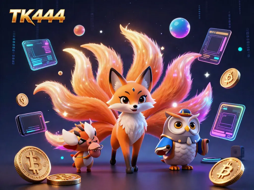 Experience the vibrant gaming world with TK444, highlighting colorful characters amidst crypto elements.