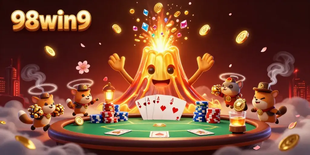 Experience the thrill of winning at 98win9 with a majestic golden volcano and poker elements.