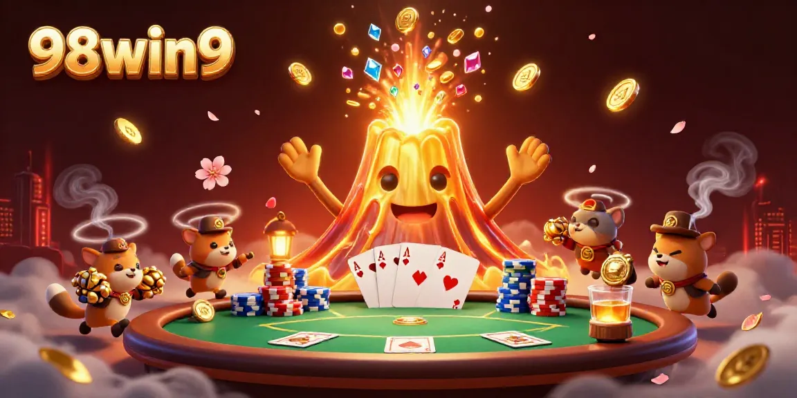 Experience the thrill of winning at 98win9 with a majestic golden volcano and poker elements.
