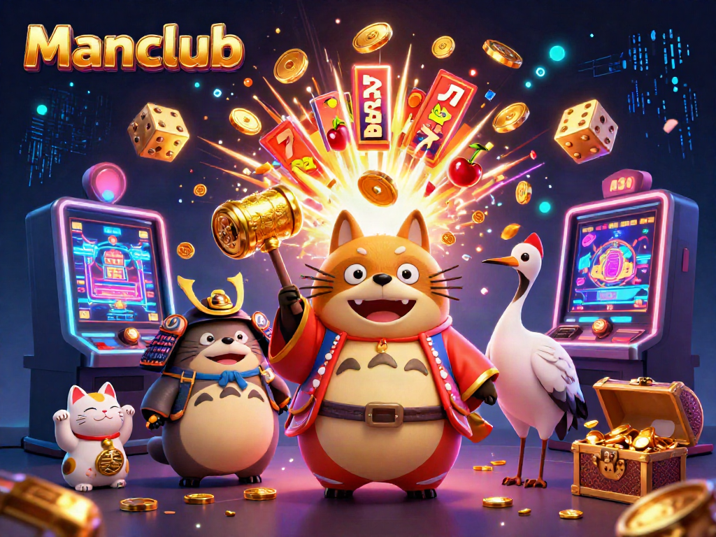 Experience the thrill of Manclub with vibrant mascots celebrating a jackpot explosion in this engaging casino scene.