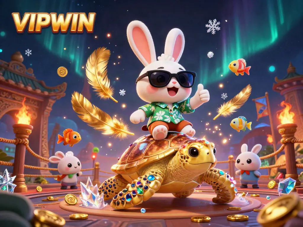 Experience the thrill of VIPWIN with our lucky rabbit and golden turtle in an exciting 3D scene.