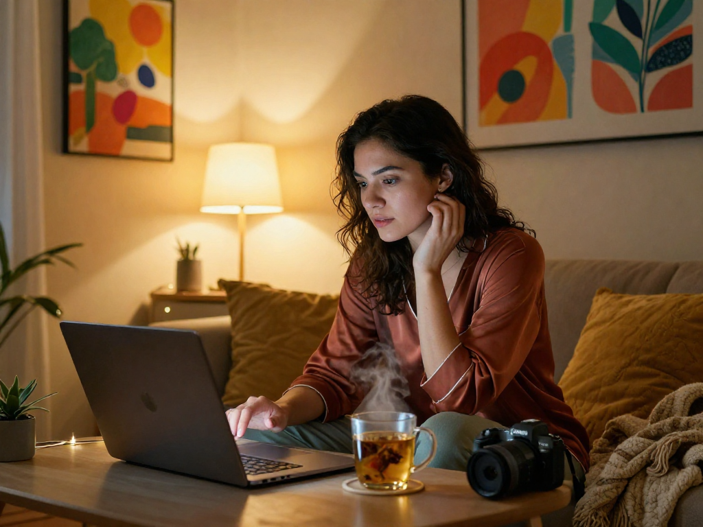 Engaging experience of porn chat ai in a cozy urban apartment scene with video chat settings.