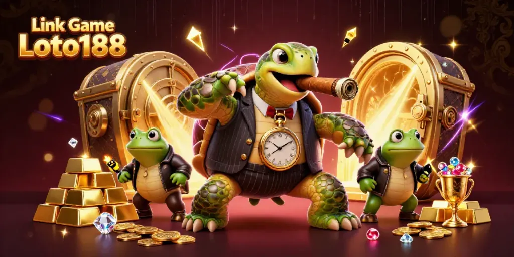 Engaging scene from Link Game Loto188 featuring a snapping turtle gangster surrounded by casino riches.